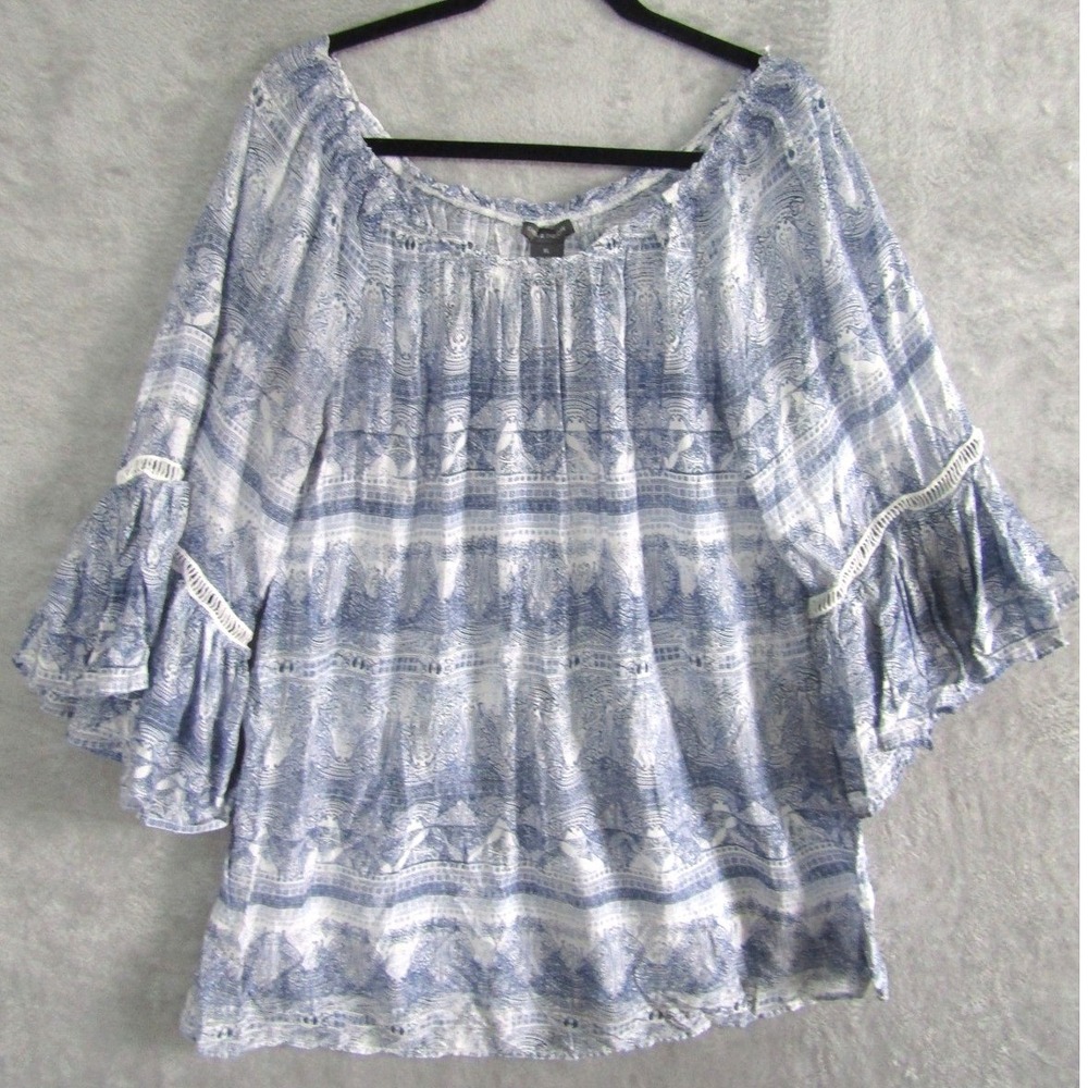 SEA & THEODORE Blue White Paisley Bell Sleeve Tunic Top Blouse XL 100% Rayon